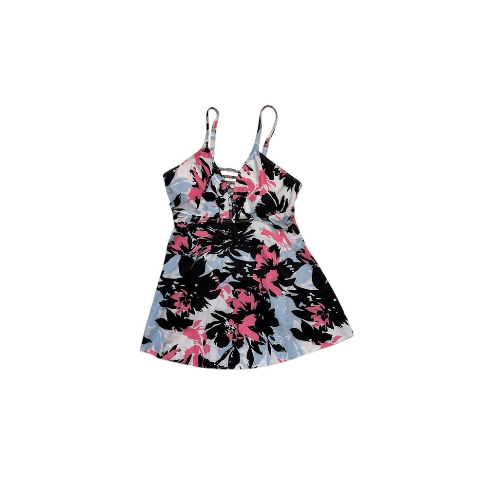 FINWANLO Women Medium Floral Tankini Swim Dress Top Strappy V-Neck Pink Blue NWT - Picture 2 of 7